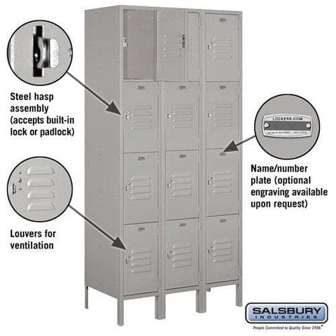 Salsbury 12" Wide Four Tier Standard Metal Locker 36" W x 78" H x 15" D (Unassembled)