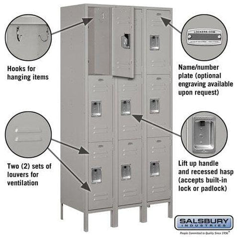 Salsbury 12" Wide Triple Tier Standard Metal Locker 36" W x 78" H x 15" D (Unassembled)