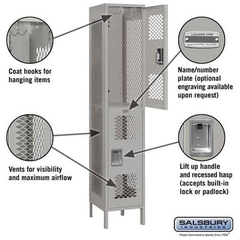 Salsbury 15" Wide Double Tier Vented Metal Locker 15" W x 78" H x 15" D (Unassembled)