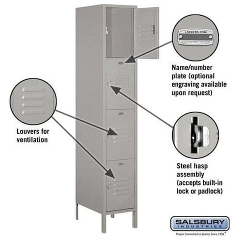 Salsbury 15" Wide Four Tier Standard Metal Locker 15" W x 78" H x 15" D (Unassembled)