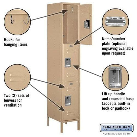 Salsbury 15" Wide Triple Tier Standard Metal Locker 15" W x 78" H x 18" D (Unassembled)