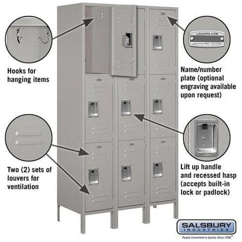 Salsbury 15" Wide Triple Tier Standard Metal Locker 45" W x 78" H x 18" D (Unassembled)